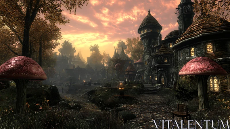 Fantasy village glows beneath a dramatic amber sunset sky