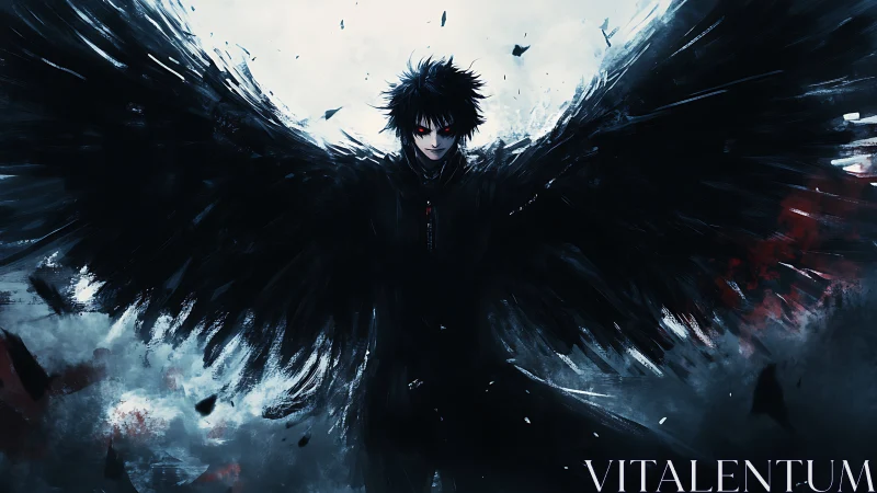 Dark winged figure in stormy abstract digital environment.