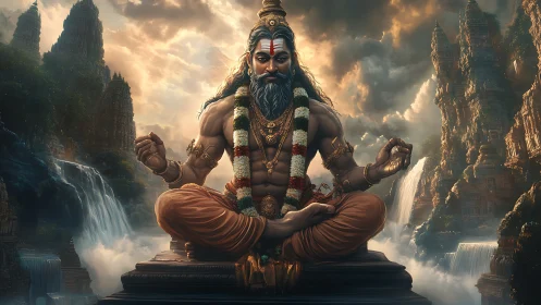 Seated robed figure in meditative pose amid stone waterfalls.