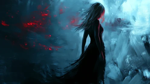 Luminous shadow girl wandering through frost and ember storms.