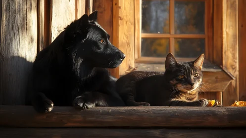 Black dog and tabby cat share a sunlit doorway moment together