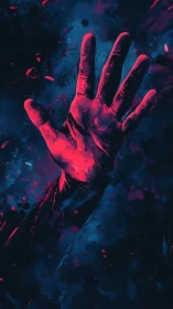 Neon hand reaches upward through abstract cosmic darkness