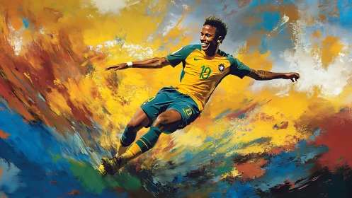 Dynamic footballer in mid-air against abstract motion strokes