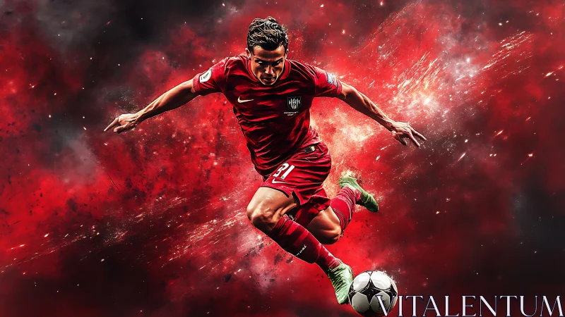 Dynamic red footballer in mid air kick against nebula field.