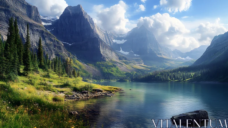 Mountain lake landscape shows sharp peaks and clear water