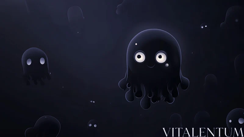 Glowing black cartoon jellyfish in deep dark environment.