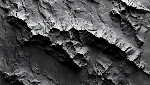 Monochrome relief rendering of stratified rock formations.