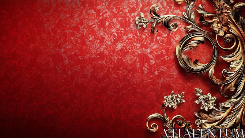 Ornate gold floral scrollwork on patterned red background.
