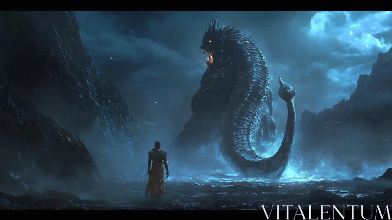 Warrior confronts colossal sea serpent in stormlit canyon