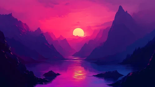 Neon magenta sunset over stylized alpine fjord landscape