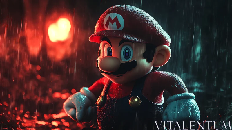 Mario figure stands in dramatic rain with cinematic lighting