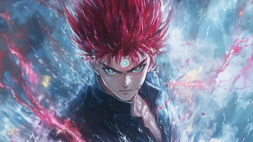 Red haired figure with glowing forehead mark in energy field.