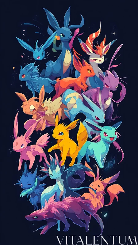 Stylized arrangement of multicolored foxlike fantasy creatures.