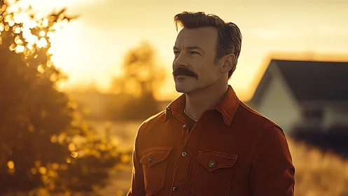 Middle aged man in orange jacket at golden sunset field.