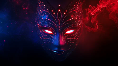 Cyber mask with glowing eyes in red and blue smoke.