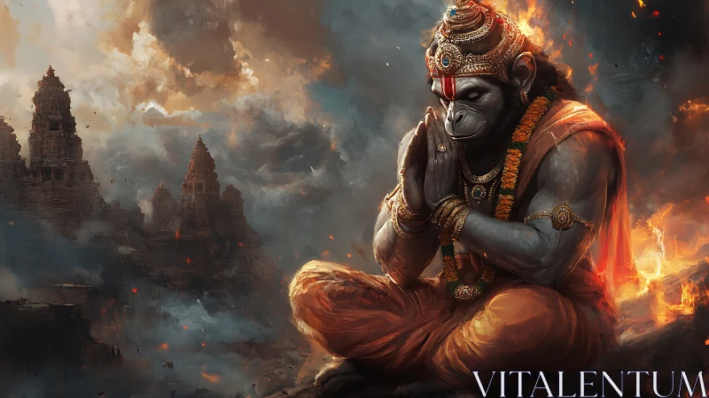 Firelit simian deity meditates amid storm-forged temples.