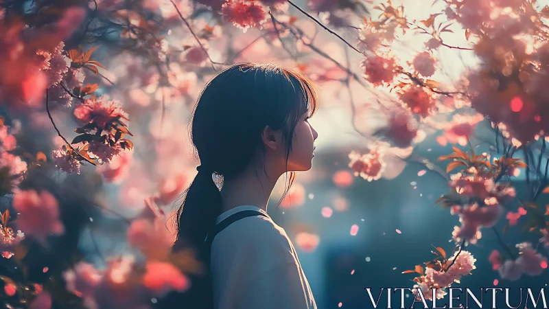Girl in soft-focus cherry blossoms pauses in quiet wonder