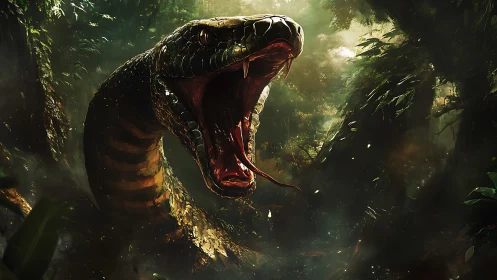 Jungle titan serpent erupts from shadows, jaws blazing wide