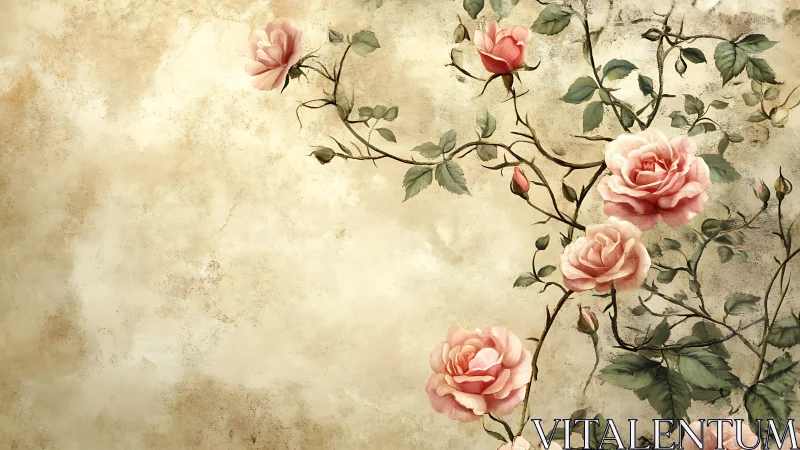 Soft rose vines drifting over vintage parchment calm.