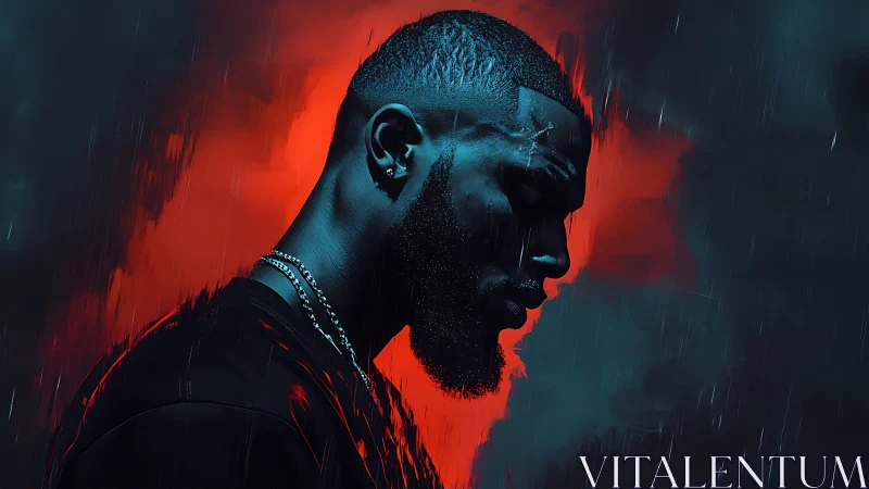 Cyberpunk profile portrait in neon red backlit rain field.