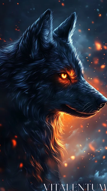 Luminous ember-eyed wolf gazes through swirling night embers