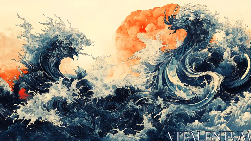 Stylized ocean waves forming abstract serpentine figures.