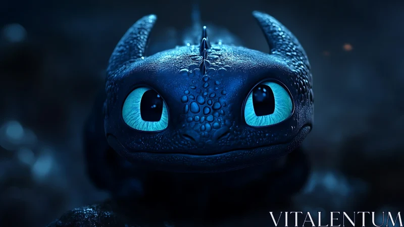 Blue-eyed dragon close-up in moody cinematic lighting.