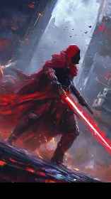 Hooded sci fi warrior ignites crimson blade in ruined cityscape