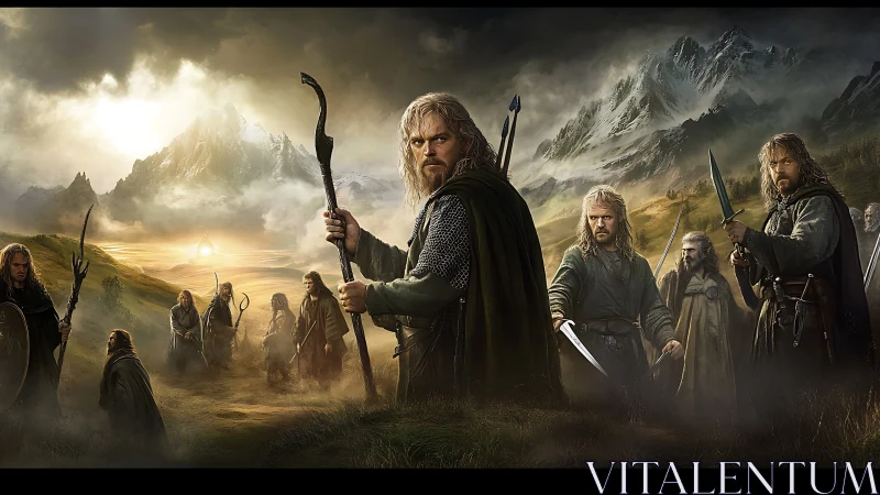 Warriors stand armed in a misty mountain battlefield landscape