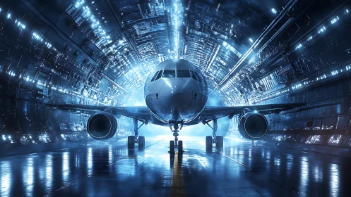 Futuristic airliner aligned in luminous cybernetic tunnel