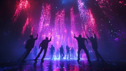 Silhouetted crowd under vertical pink and blue light columns.