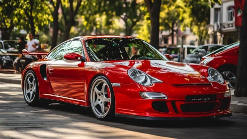 Red rear-engined sports coupe with aero kit on urban street.