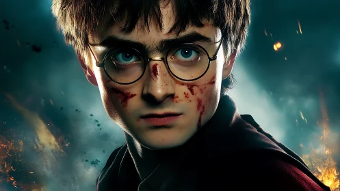 Battle-worn young wizard in dramatic fiery portrait.