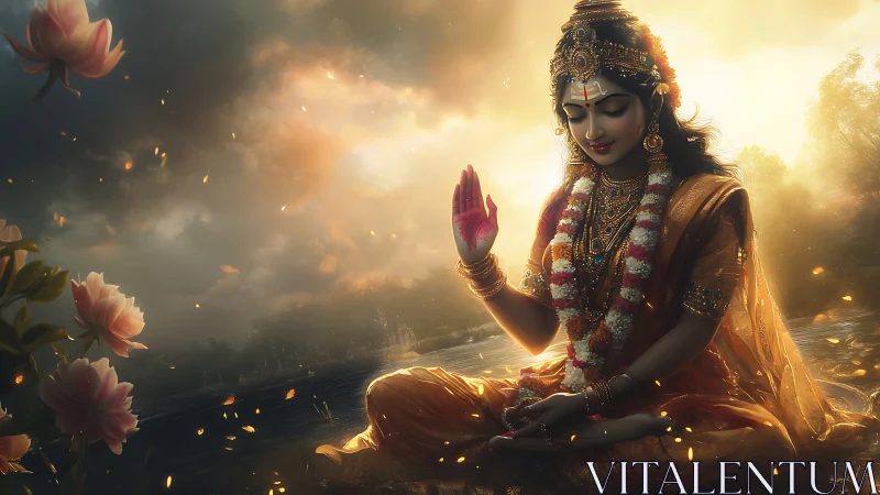 Divine goddess in golden meditation by a glowing riverside.