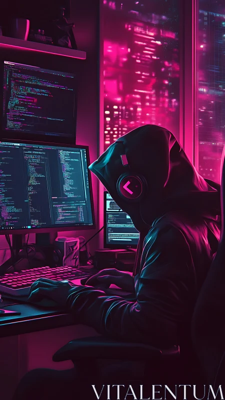 Hooded coder breaks code in neon pink cyber workspace.