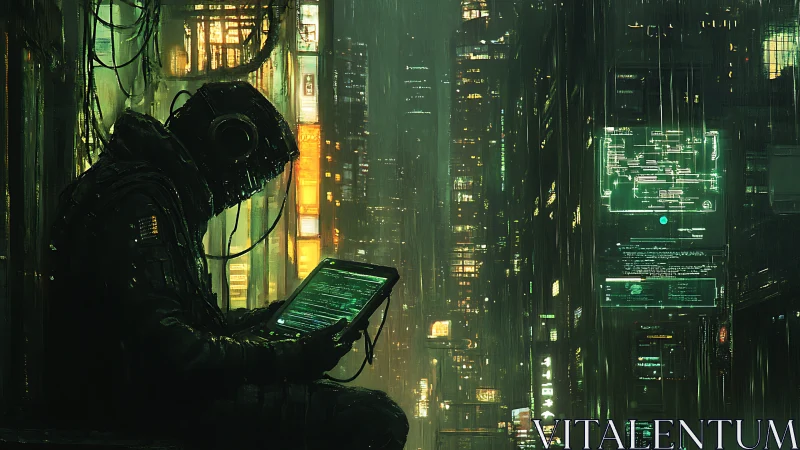 Neon rain hacker brooding over glowing code in the abyss.