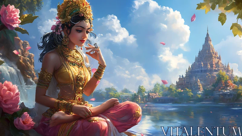 Lotus-clad river goddess meditates beside sunlit temple.
