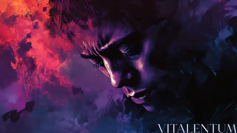 Nebula-lit sorrow wrapping a silent face in cosmic dusk.