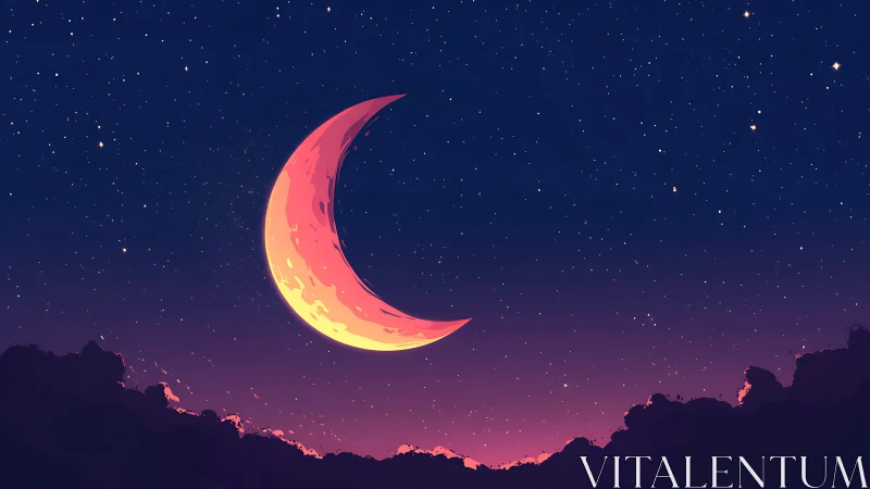 Crescent moon is rendered above silhouetted clouds at dusk