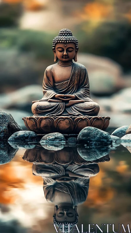 Serene Buddha statue rests above reflective water surface