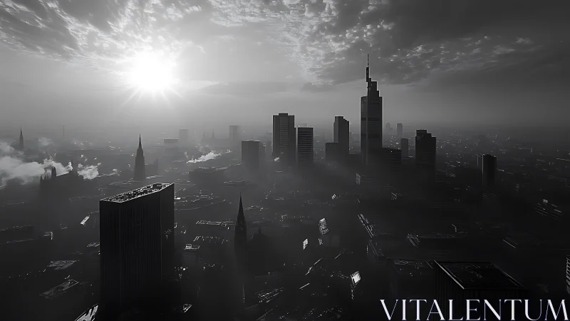 Monochrome sunrise over dense foggy city skyline.