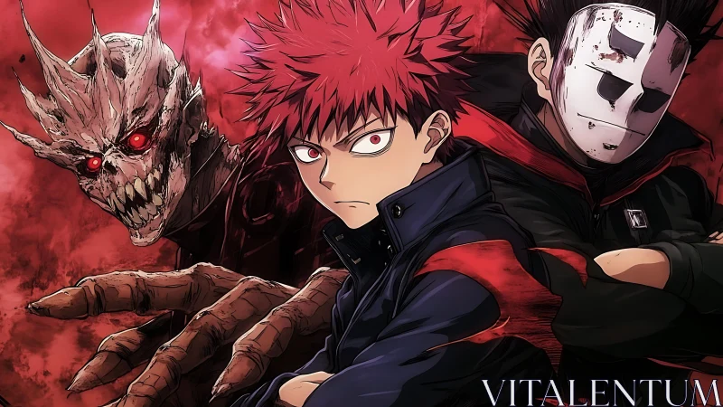 Triadic anime composition aligns hero with demon and masked ally