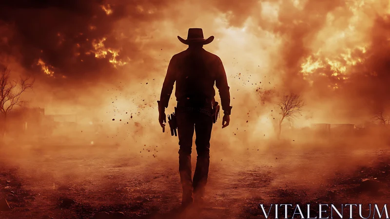 Silhouetted cowboy walks through burning, dust-filled wasteland