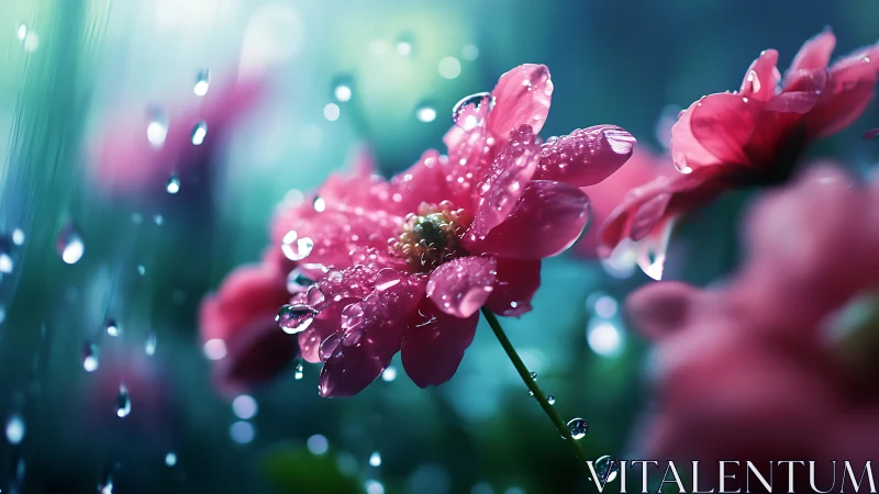Pink flowers with water droplets on petals during rainfall.