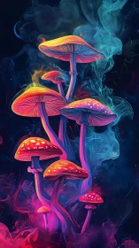 Neon bioluminescent mushrooms in swirling chromatic vapors.