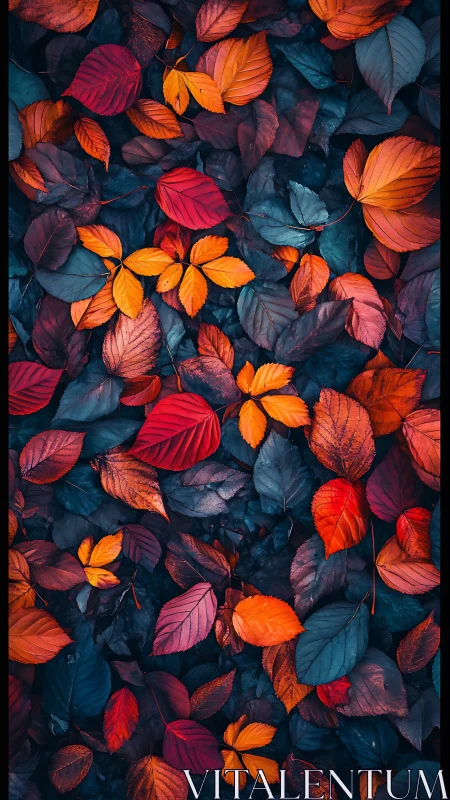 Autumn leaves create vivid contrast over deep teal ground.