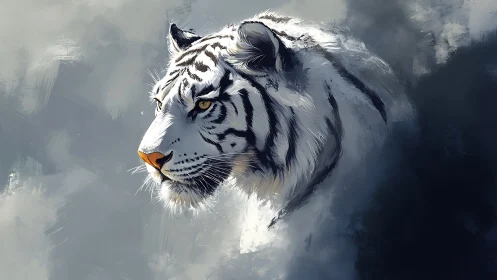 Profile study of white tiger head in atmospheric digital brushwork.