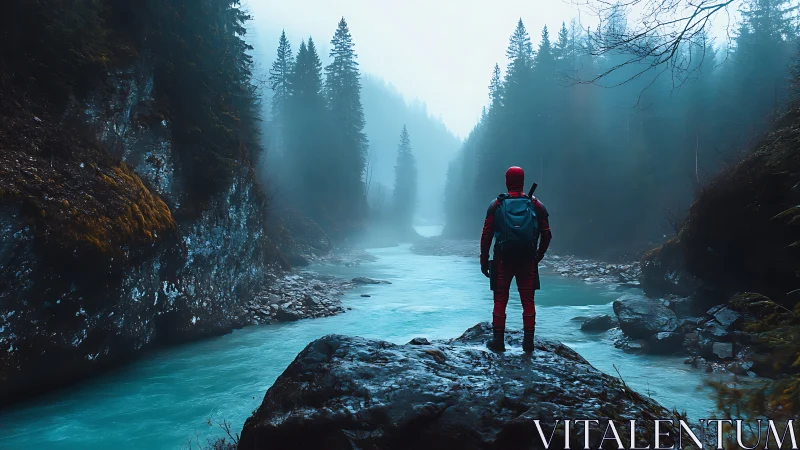 Solitary trekker above glacial river in misty conifer gorge.
