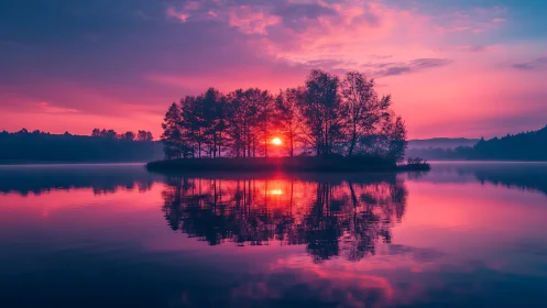 Small tree island in lake with symmetrical sunset reflection.
