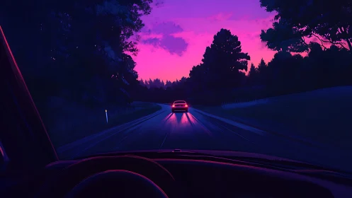 Night highway drive under magenta and blue sky at dusk.